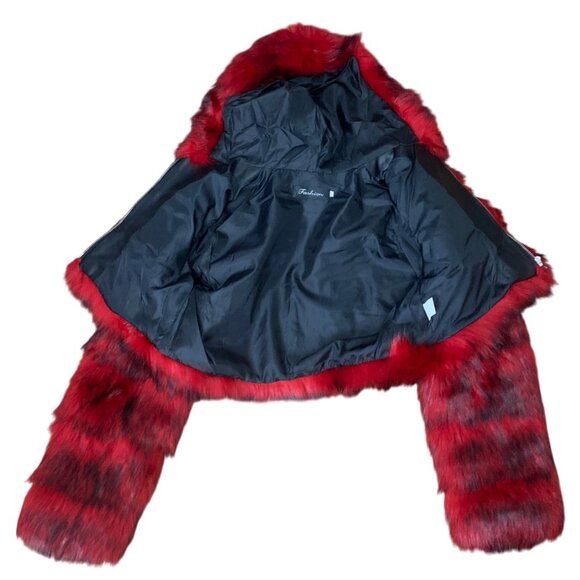 FASHION Red Faux Fur Hooded Long Sleeve Cropped Coat Plush Jacket Womens 2XL - Picture 4 of 6